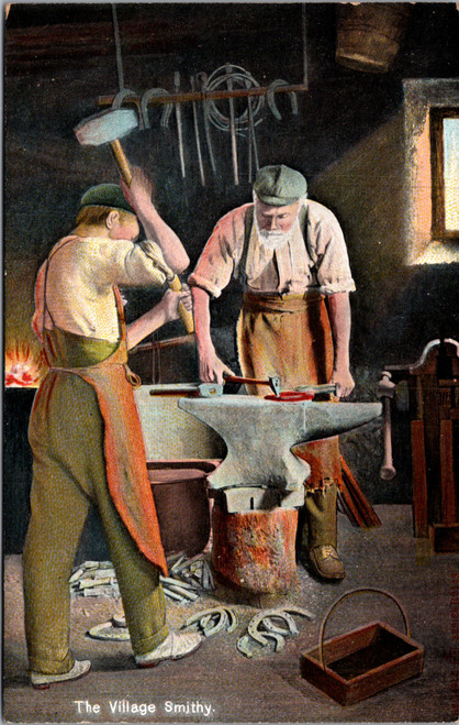 Antique divided back postcard showing blacksmith forging horseshoes in village smithy