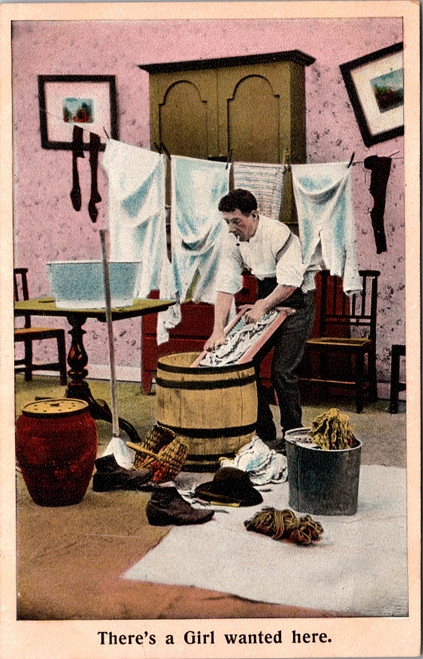 Antique comic postcard showing a woman standing on a tree stump speaking to a mouse with humorous caption