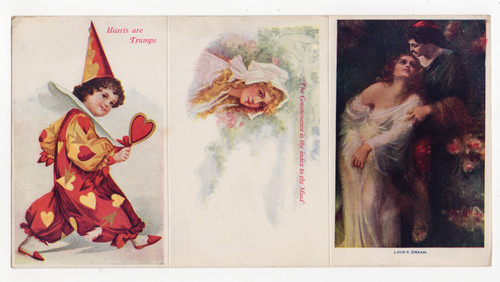 Uncut three panel Indianapolis Star postcard sheet with Hearts Are Trumps and Loves Dream
