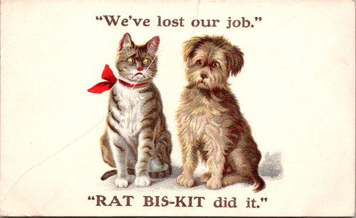 sad dog and cat advert for rat bis-kit poison