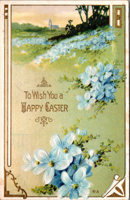 Antique Easter postcard with blue flowers and pastoral spring landscape