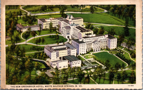 Vintage postcard showing an aerial view of The New Greenbrier Hotel in White Sulphur Springs West Virginia