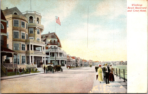 Undivided back era postcard showing Winthrop Beach Boulevard and Crest Hotel in Winthrop Massachusetts