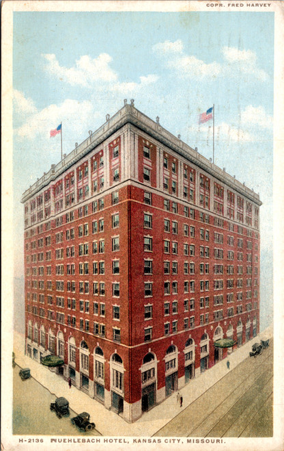 Vintage postcard showing the Muehlebach Hotel in Kansas City Missouri published by Fred Harvey