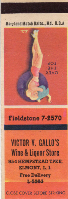 Vintage Victor V Gallos wine and liquor store advertising matchbook cover from Elmont Long Island