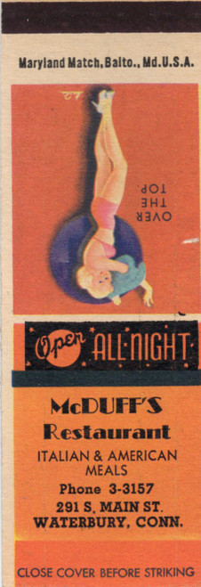 Vintage McDuffs Restaurant advertising matchbook cover from Waterbury Connecticut