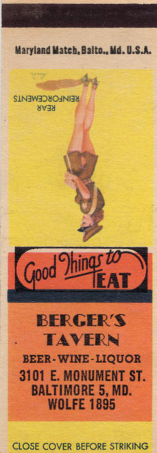Vintage Bergers Tavern matchbook cover from Baltimore Maryland advertising beer wine and liquor produced by Maryland Match of Baltimore