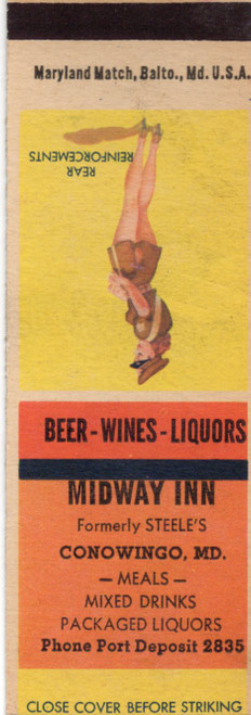 Vintage Midway Inn matchbook cover from Conowingo Maryland advertising meals beer wine liquor and mixed drinks produced by Maryland Match of Baltimore