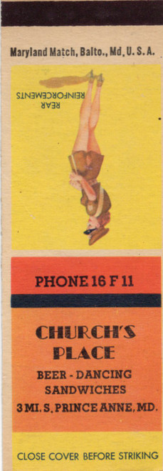 Vintage Churchs Place matchbook cover from Prince Anne Maryland advertising beer dancing and sandwiches produced by Maryland Match of Baltimore