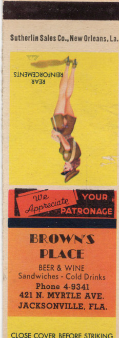 Vintage Browns Place matchbook cover from Jacksonville Florida advertising beer wine sandwiches and cold drinks