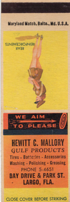 Vintage Hewitt C Mallory Gulf Products matchbook cover from Largo Florida advertising automotive services and gas station products produced by Maryland Match of Baltimore