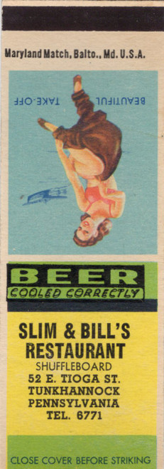 Vintage Slim and Bills Restaurant Tunkhannock Pennsylvania matchbook cover