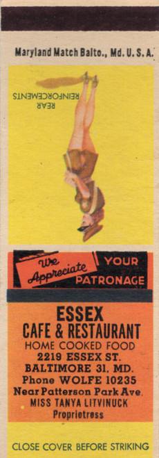 Vintage Essex Cafe and Restaurant matchbook cover from Baltimore Maryland advertising home cooked food produced by Maryland Match of Baltimore
