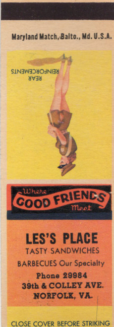 Matchbook cover for Lee's Place Norfolk VA pin up rear reinforcements
