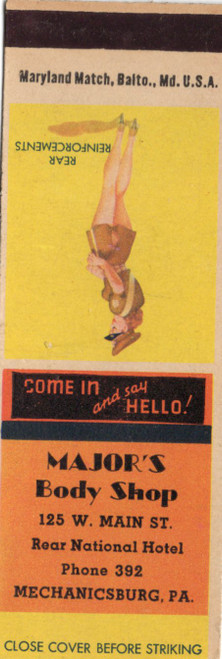 Vintage Majors Body Shop matchbook cover advertising an automotive body shop at 125 West Main Street in Mechanicsburg Pennsylvania produced by Maryland Match of Baltimore