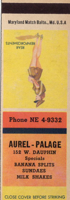 Vintage Aurel Palage matchbook cover advertising banana splits sundaes and milk shakes at 152 West Dauphin Street produced by Maryland Match of Baltimore