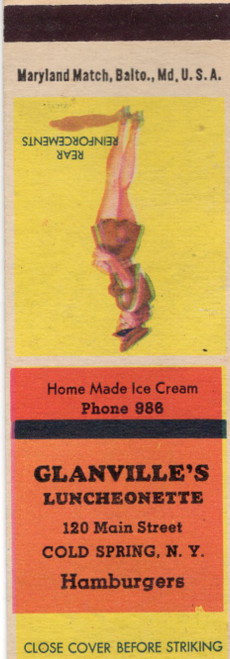 Matchbook Cover Glanville's Luncheonette rear reinforcement pin  up