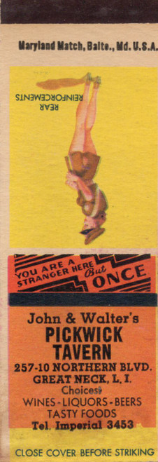 Vintage Pickwick Tavern matchbook Great Neck NY pin-up artwork Rear Reinforcements