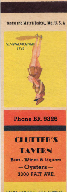 Clutters Tavern vintage matchbook featuring pin-up artwork Rear Reinforcements
