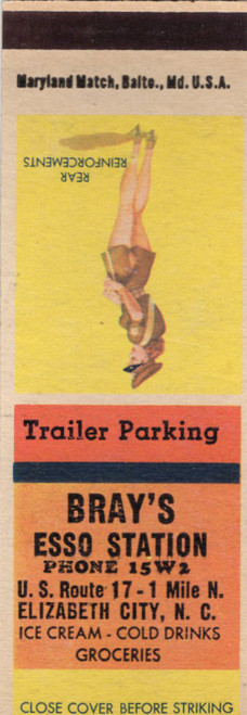 Vintage Brays Esso Station matchbook with pin-up artwork titled Rear Reinforcements