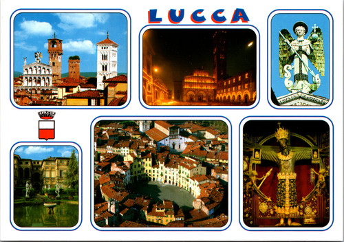 Multiview postcard showing landmarks and city views of Lucca Italy in Tuscany