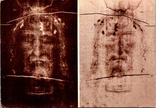 Vintage postcard showing the Shroud of Turin face of Jesus in negative and positive