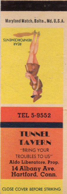 Vintage Tunnel Tavern Hartford Connecticut advertising matchbook with Rear Reinforcements pin-up artwork