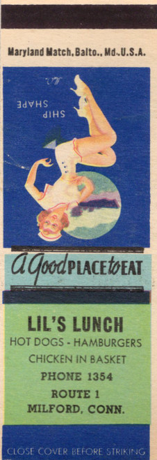 Vintage Lils Lunch Milford Connecticut advertising matchbook with Ship Shape pin-up artwork