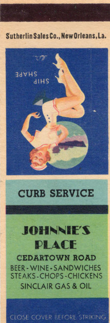 Vintage Ship Shape pin up advertising matchbook for Johnnies Place Cedartown Road