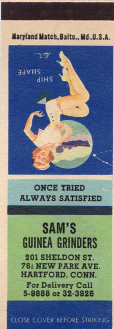 Vintage pin-up matchbook cover ship shape Sam's Guinea Grinders