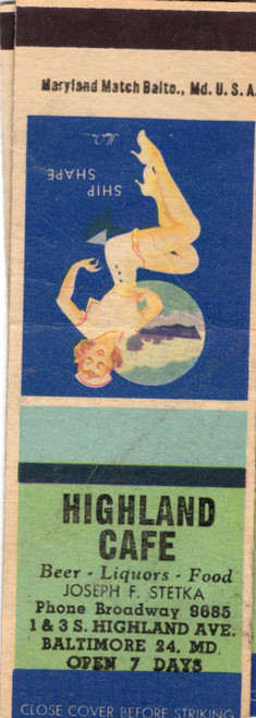 Vintage Baltimore matchbook cover with Ship Shape pin-up illustration advertising Highland Café