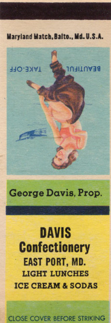 Vintage Maryland matchbook cover with Beautiful Take-Off pin-up illustration advertising Davis Confectionery