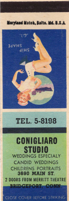 Vintage Conigliaro Studio Bridgeport Connecticut advertising matchbook with Ship Shape pin-up artwork