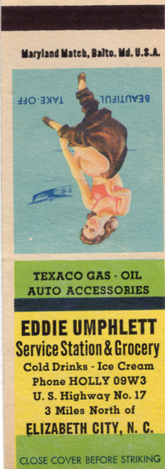 Vintage matchbook cover advertising Eddie Umphlett Service Station and Grocery Elizabeth City North Carolina with Beautiful Take-Off pin-up illustration