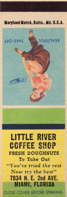 Vintage Little River Coffee Shop Miami Florida matchbook cover with Beautiful Take-Off pin-up illustration