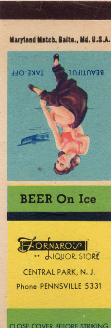 Vintage pin-up matchbook cover Beautiful Take-Off advertising Fornaro's Liquor Store Central Park New Jersey