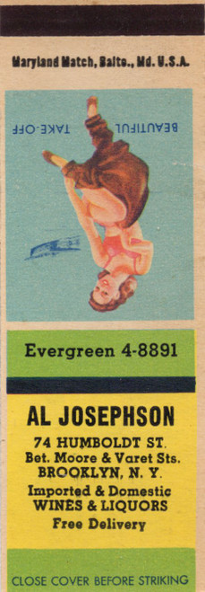 Vintage Al Josephson Brooklyn New York matchbook cover with pin up illustration