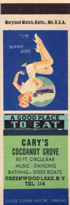 Vintage Carys Coconut Grove matchbook from Greenwood Lake NY featuring Ship Shape pin-up artwork