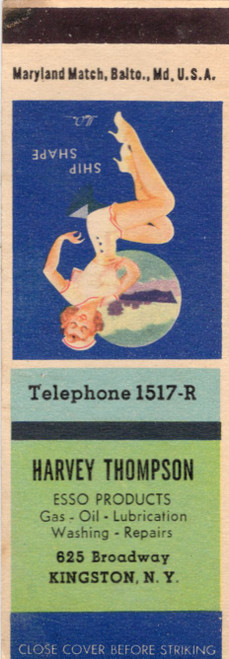 Vintage Harvey Thompson Esso matchbook from Kingston NY featuring Ship Shape pin-up artwork