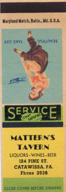 Vintage pin up matchbook featuring Beautiful Take Off artwork for Matterns Tavern in Catawissa Pennsylvania