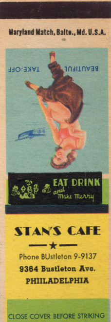 Vintage pin up matchbook featuring Beautiful Take Off artwork for Stans Cafe in Philadelphia Pennsylvania