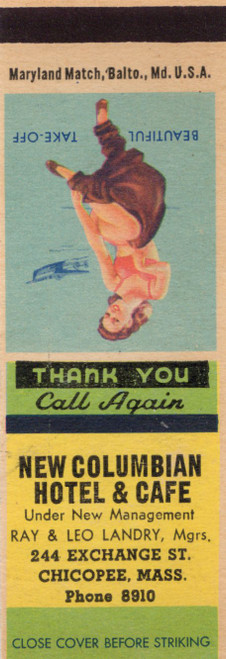 Vintage pin up matchbook Beautiful Take Off New Columbian Hotel Chicopee Massachusetts