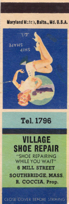 Vintage pin up matchbook Ship Shape Village Shoe Repair Southbridge Massachusetts