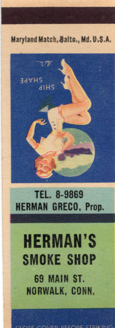 Vintage Hermans Smoke Shop Norwalk Connecticut advertising matchbook with Ship Shape pin-up artwork