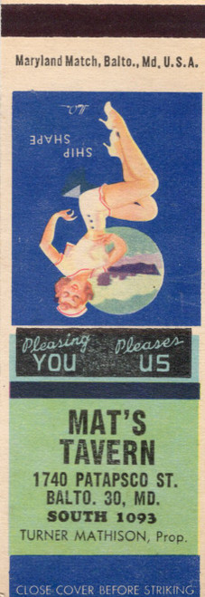 Vintage Baltimore matchbook cover with Ship Shape pin-up illustration advertising Mats Tavern