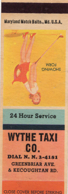 Vintage Wythe Taxi Co Hampton Virginia matchbook with pin-up artwork titled Showing Form
