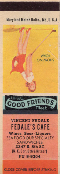Vintage Fedales Cafe Philadelphia matchbook with pin-up artwork titled Showing Form