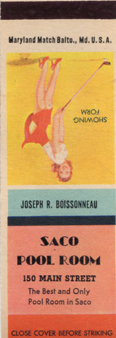 Vintage Saco Pool Room Maine matchbook with pin-up artwork titled Showing Form