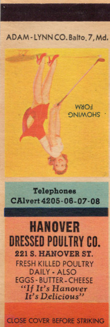 Vintage Hanover Dressed Poultry Baltimore matchbook with pin-up artwork titled Showing Form