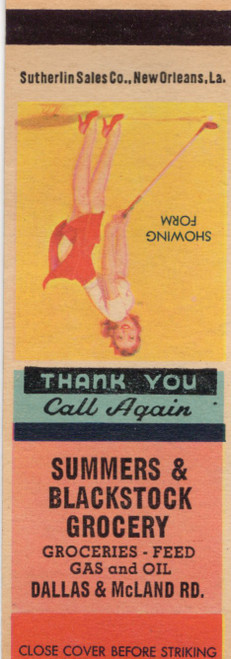 Vintage Summers and Blackstock Grocery matchbook with pin-up artwork titled Showing Form